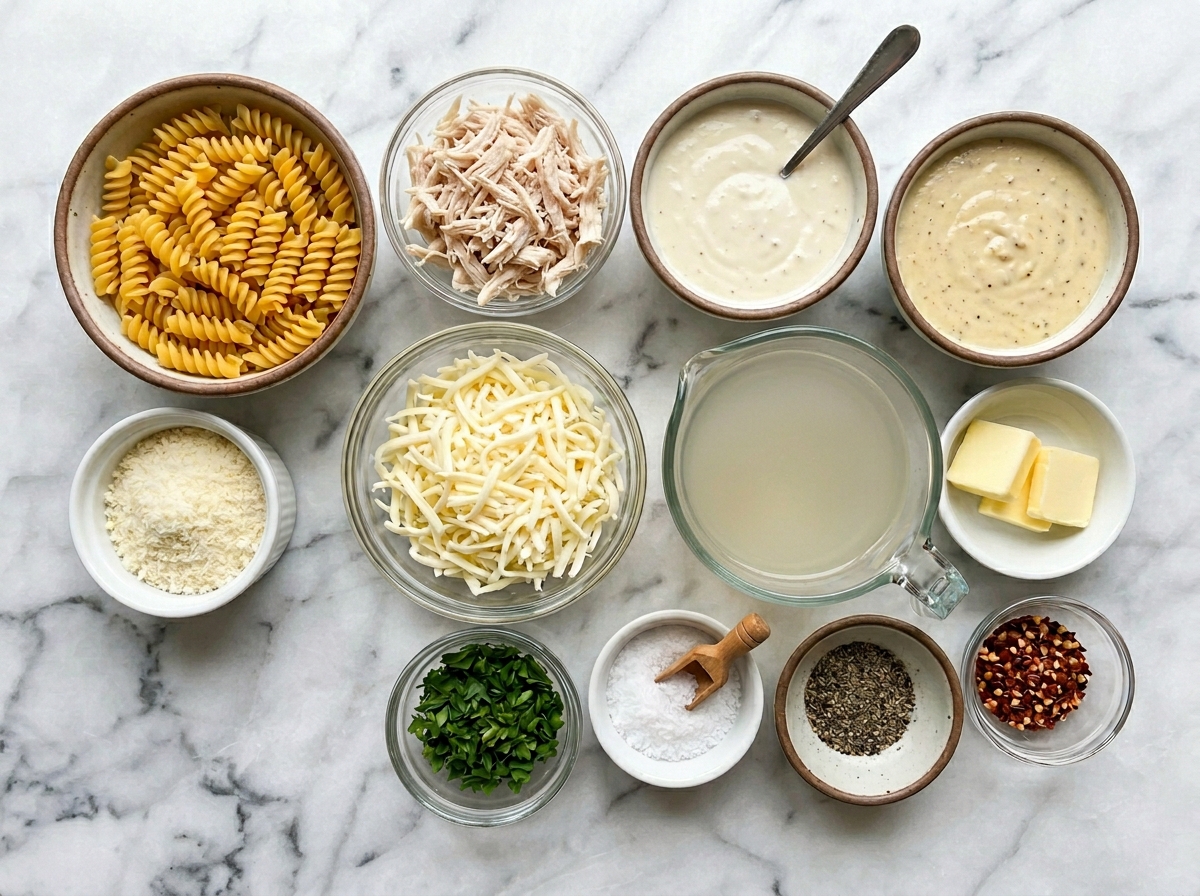 Ingredients for garlic Parmesan chicken pasta bake with mozzarella