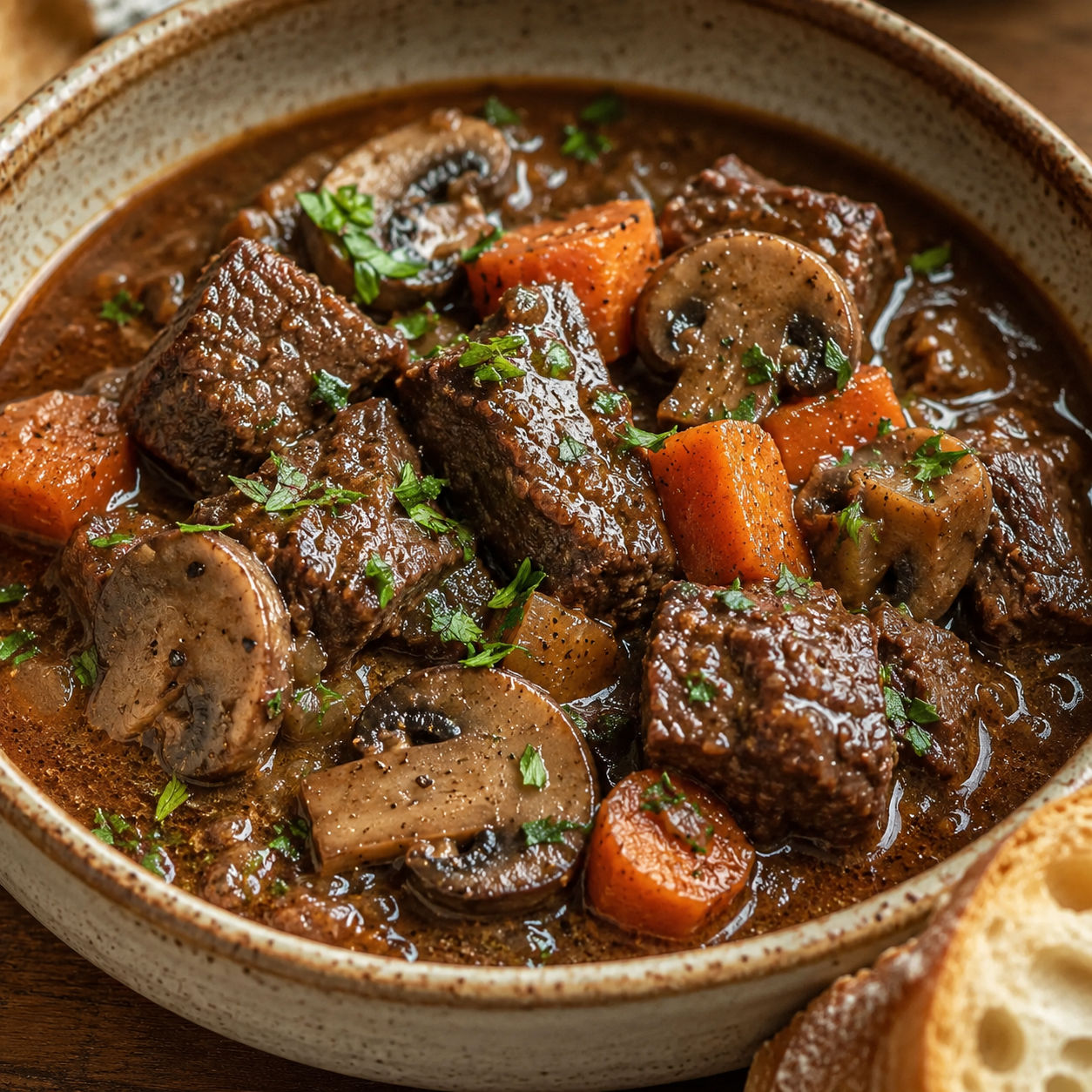 Savory beef and mushroom stew in a ceramic bowl with crusty bread
