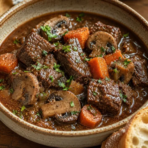 Savory beef and mushroom stew in a ceramic bowl with crusty bread
