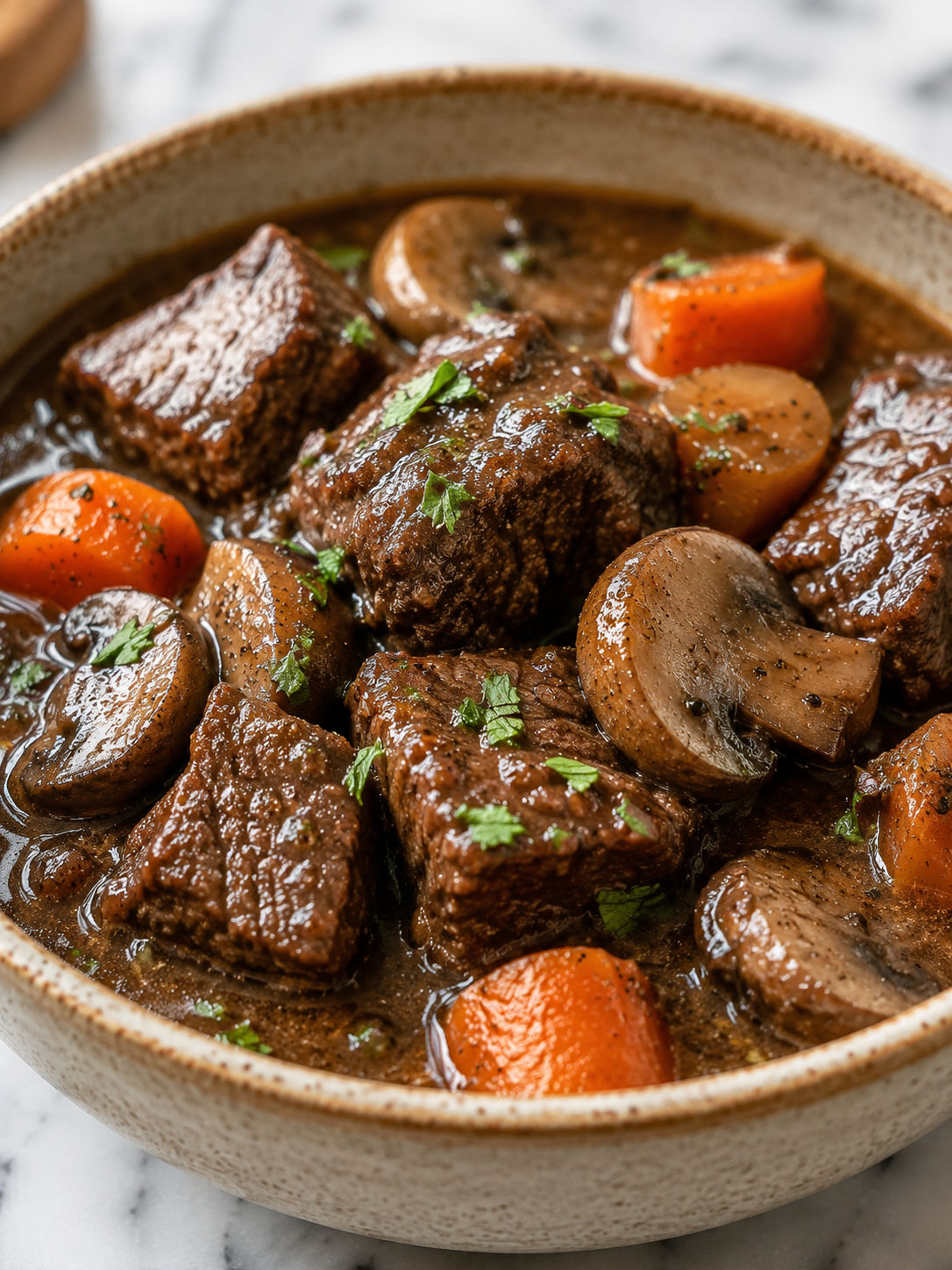 Savory Beef and Mushroom Stew, plated and served
