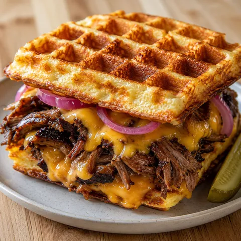Bourbon maple brisket melt with cheddar between crisp waffles
