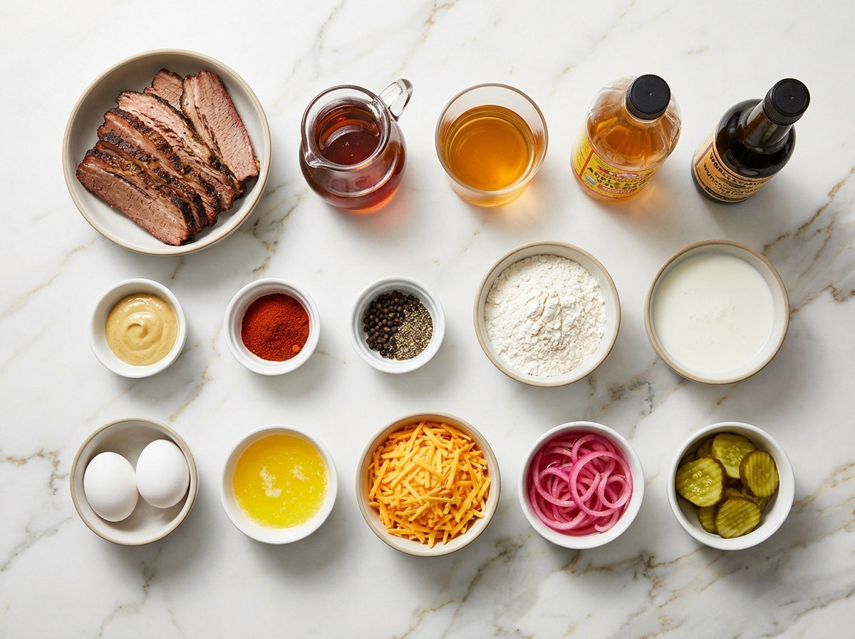 Ingredients for bourbon maple brisket waffle melts with cheddar