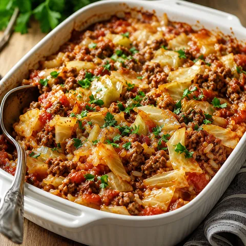 Savory cabbage and beef baked dish with rice, tomato sauce, and parsley