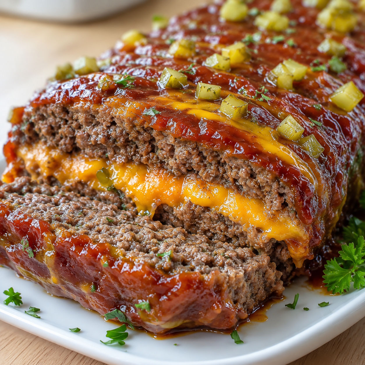 Cheddar-filled cheeseburger meatloaf slices with glossy glaze