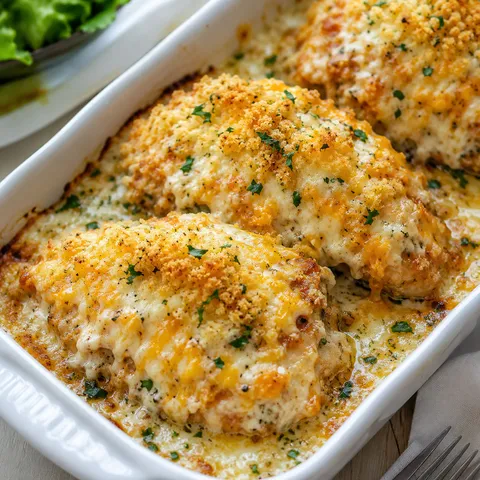 Cheesy ranch chicken with golden crumbs and parsley in a baking dish
