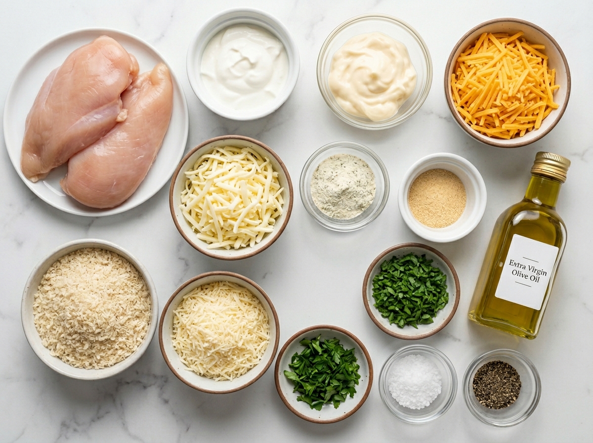 Raw ingredients for cheesy ranch chicken on a wooden counter