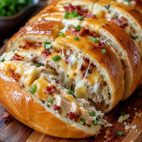 Chicken bacon ranch stuffed bread with melted cheese and green onions