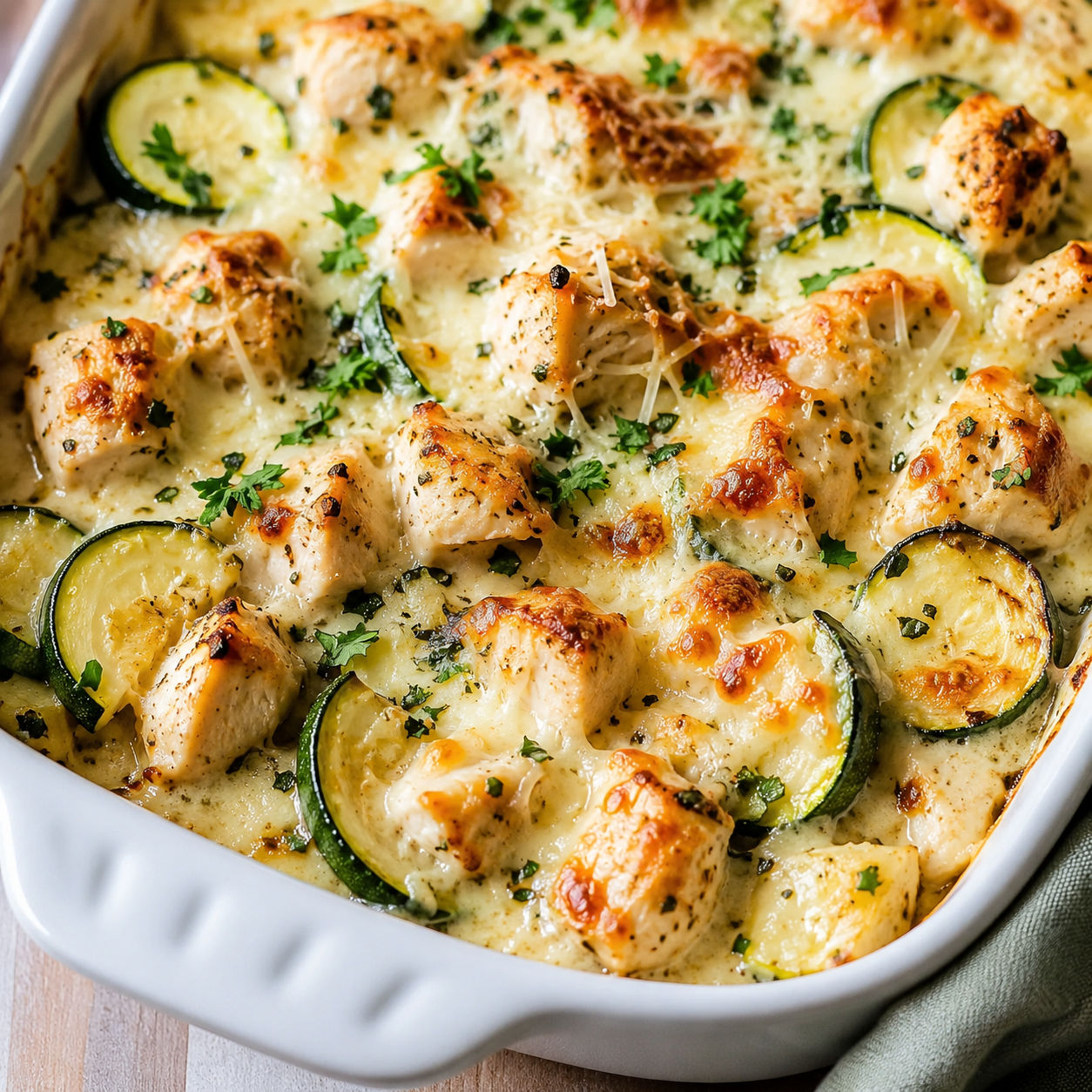 Baked chicken zucchini casserole with melted mozzarella and herbs in a white dish
