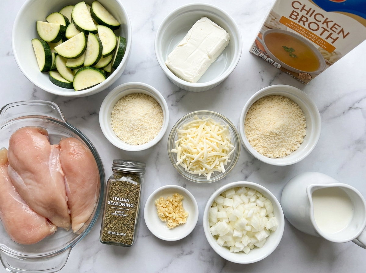 Raw chicken, zucchini, cheeses, and herbs arranged for a casserole