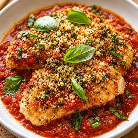 Chicken in tomato sauce with crisp herb breadcrumbs and basil