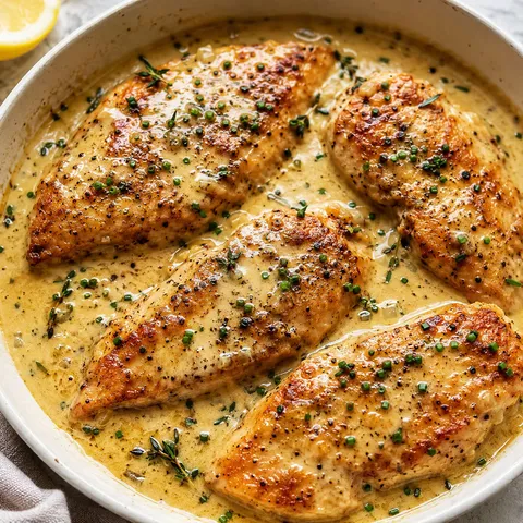 Dijon chicken cutlets in creamy white wine sauce with chives