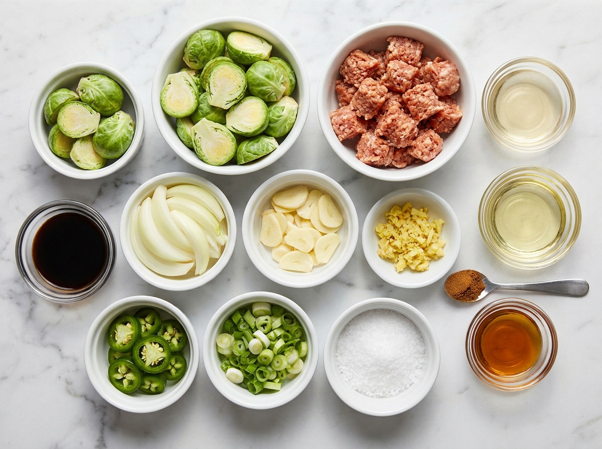 Ingredients for five-spice Brussels sprouts and sausage stir-fry