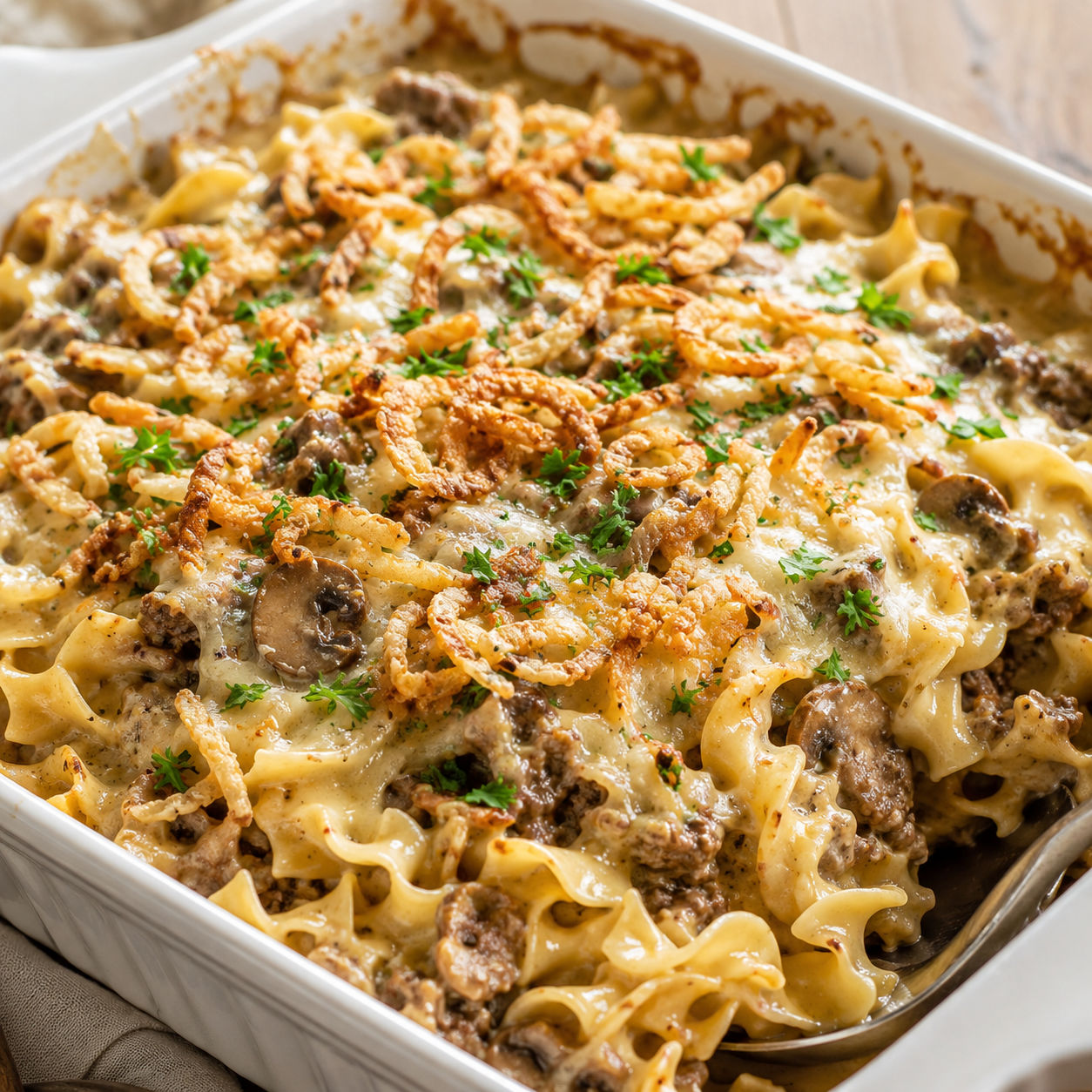 French onion beef casserole with noodles, Swiss cheese, and crispy onions