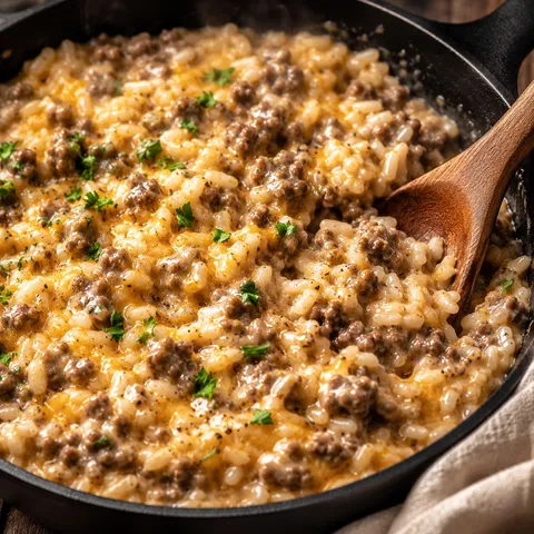 Creamy garlic butter beef and rice skillet with parsley