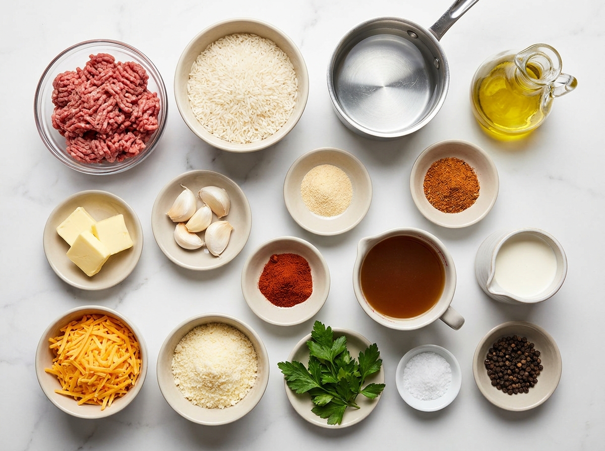 Ingredients for garlic butter beef skillet with rice and cheese