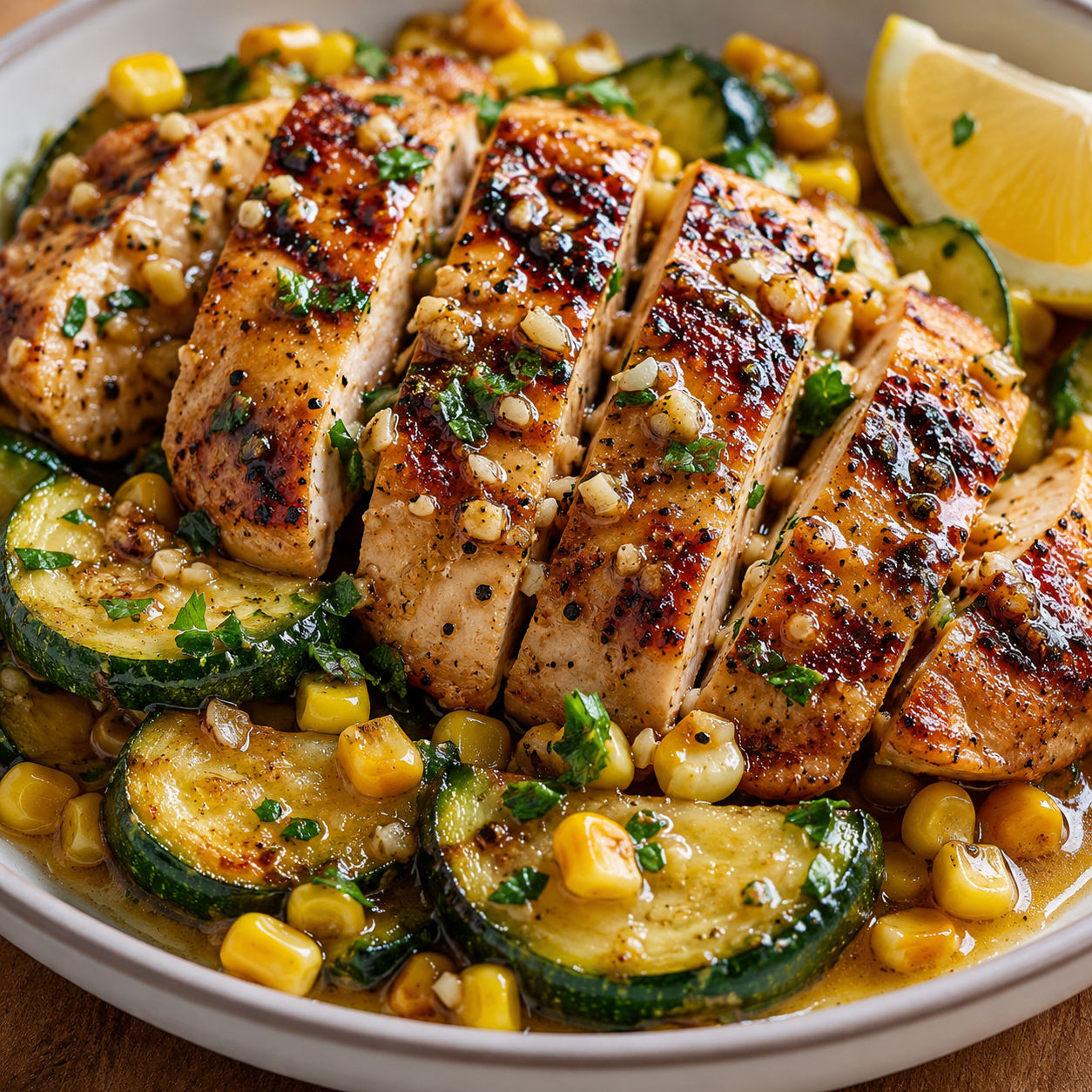 Garlic butter chicken with zucchini, corn, parsley, and lemon
