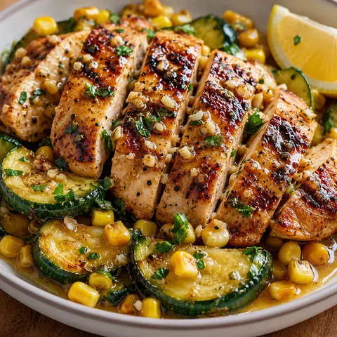 Garlic butter chicken with zucchini, corn, parsley, and lemon