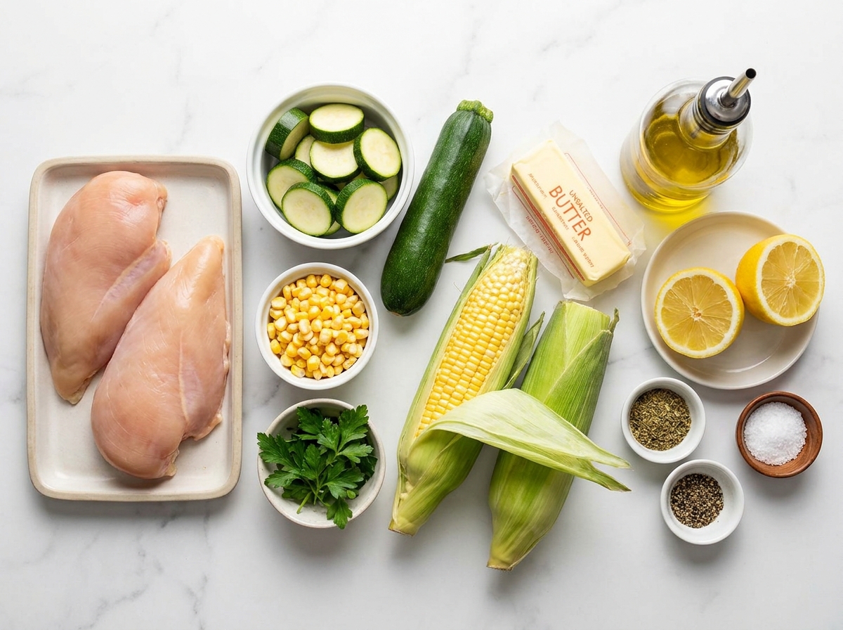 Ingredients for garlic butter chicken with zucchini and corn
