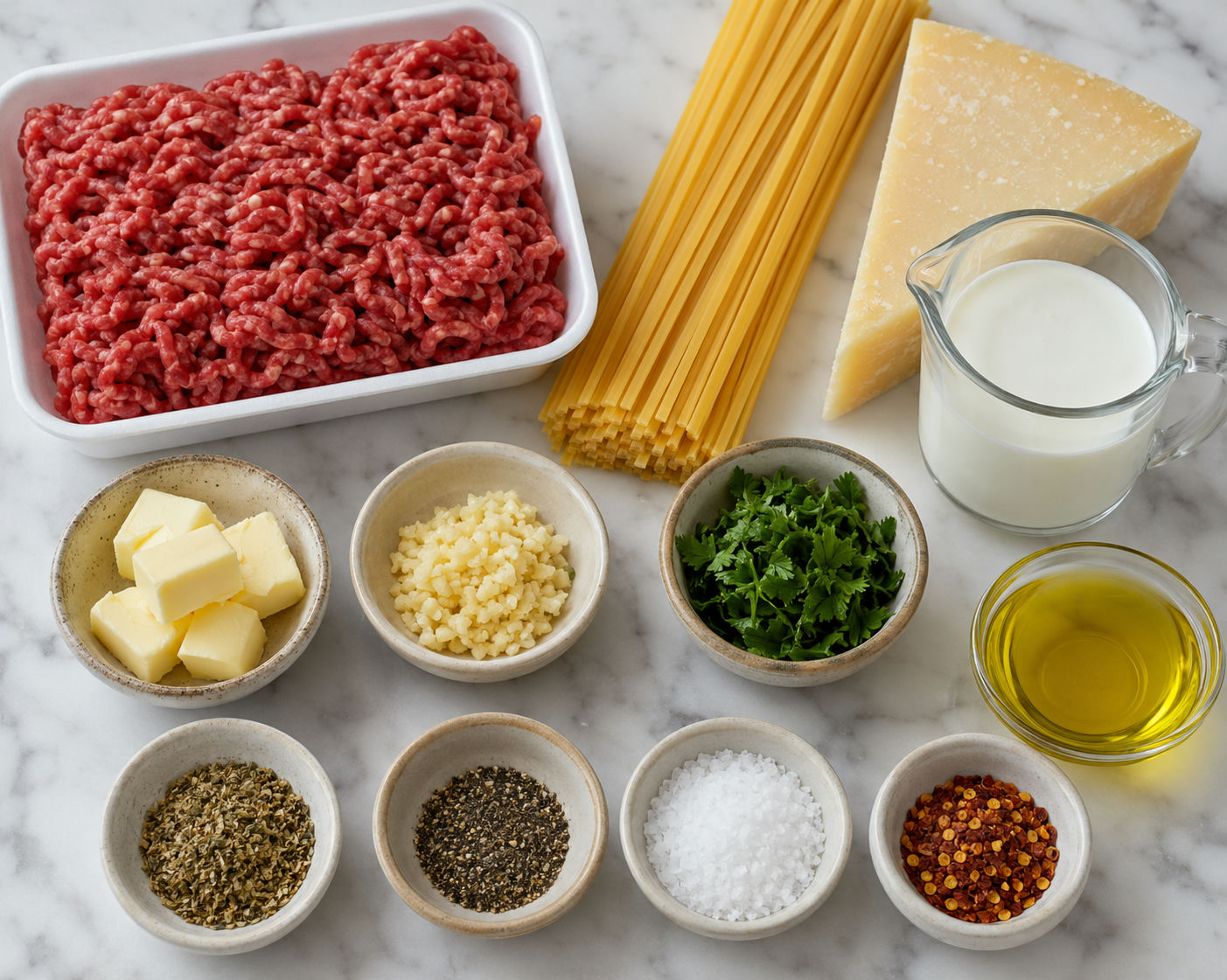 Ground beef, linguine, Parmesan, cream, garlic, butter, and parsley