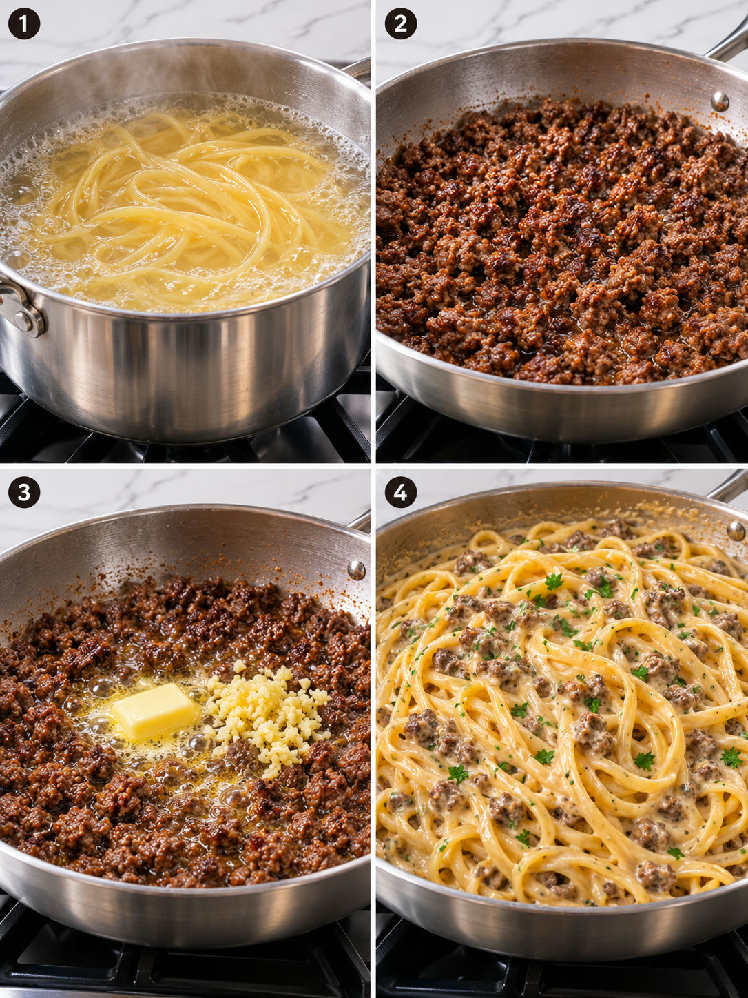 Four cooking steps for creamy garlic butter ground beef linguine
