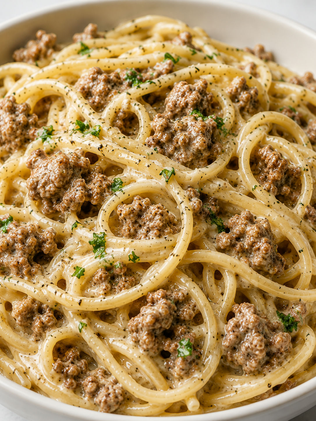 Fork twirl of creamy Parmesan ground beef linguine with parsley