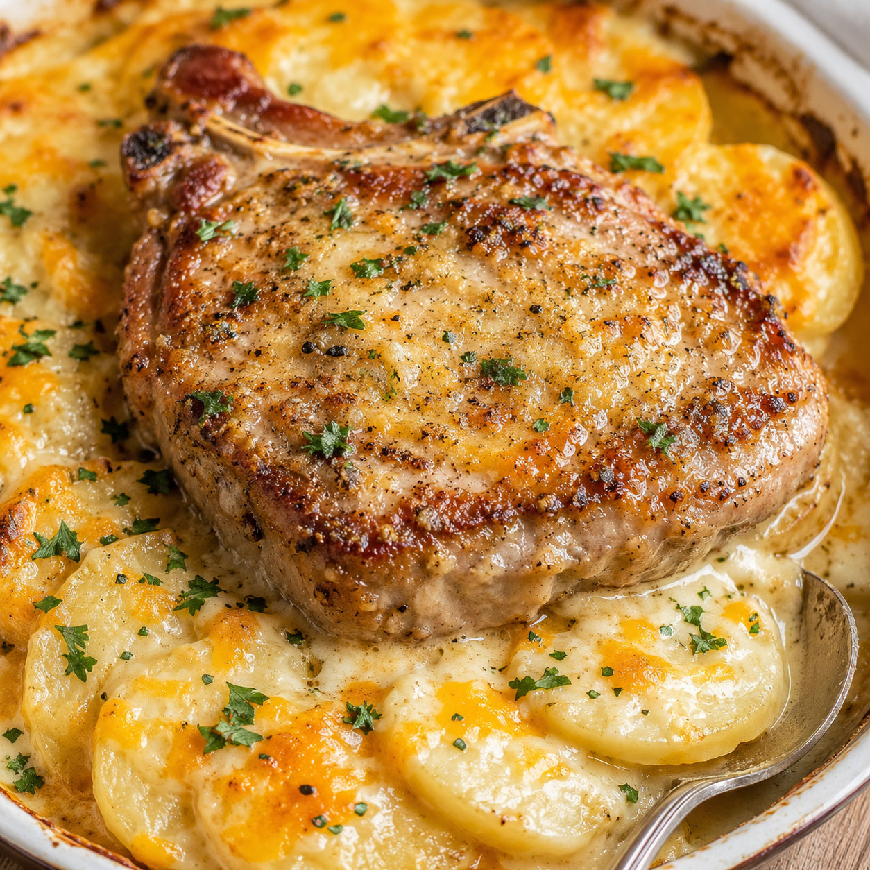 Garlic Parmesan pork chop with cheesy scalloped potatoes and parsley