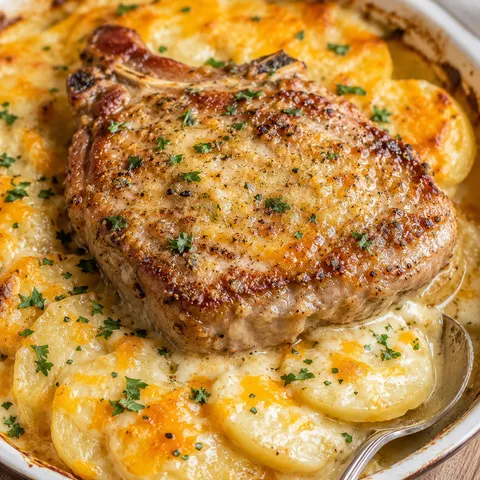 Garlic Parmesan pork chop with cheesy scalloped potatoes and parsley