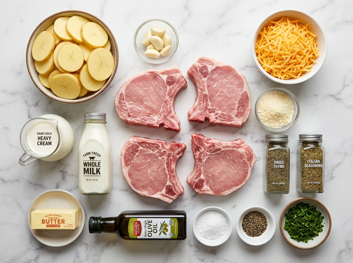 Raw pork chops, potatoes, cheeses, cream, garlic, and herbs for dinner