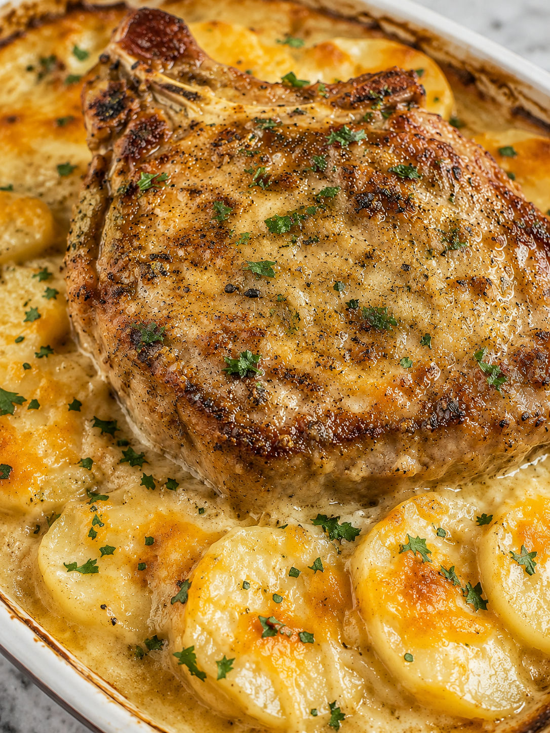 Savory Garlic Parmesan Pork Chops & Cheesy Scalloped Potatoes, plated and served
