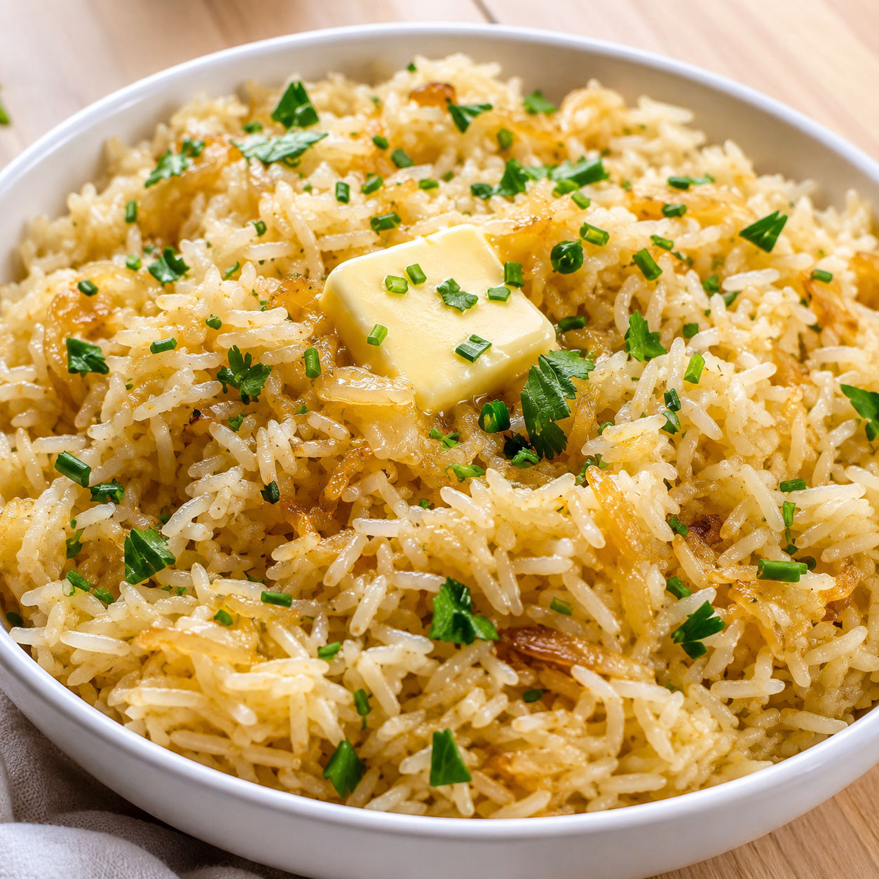 Golden onion butter jasmine rice with herbs in a white bowl