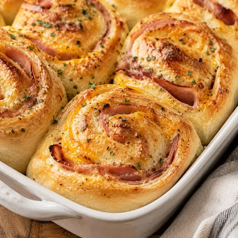 Golden baked ham and cheese bread rolls with melted cheese spirals in a ceramic dish
