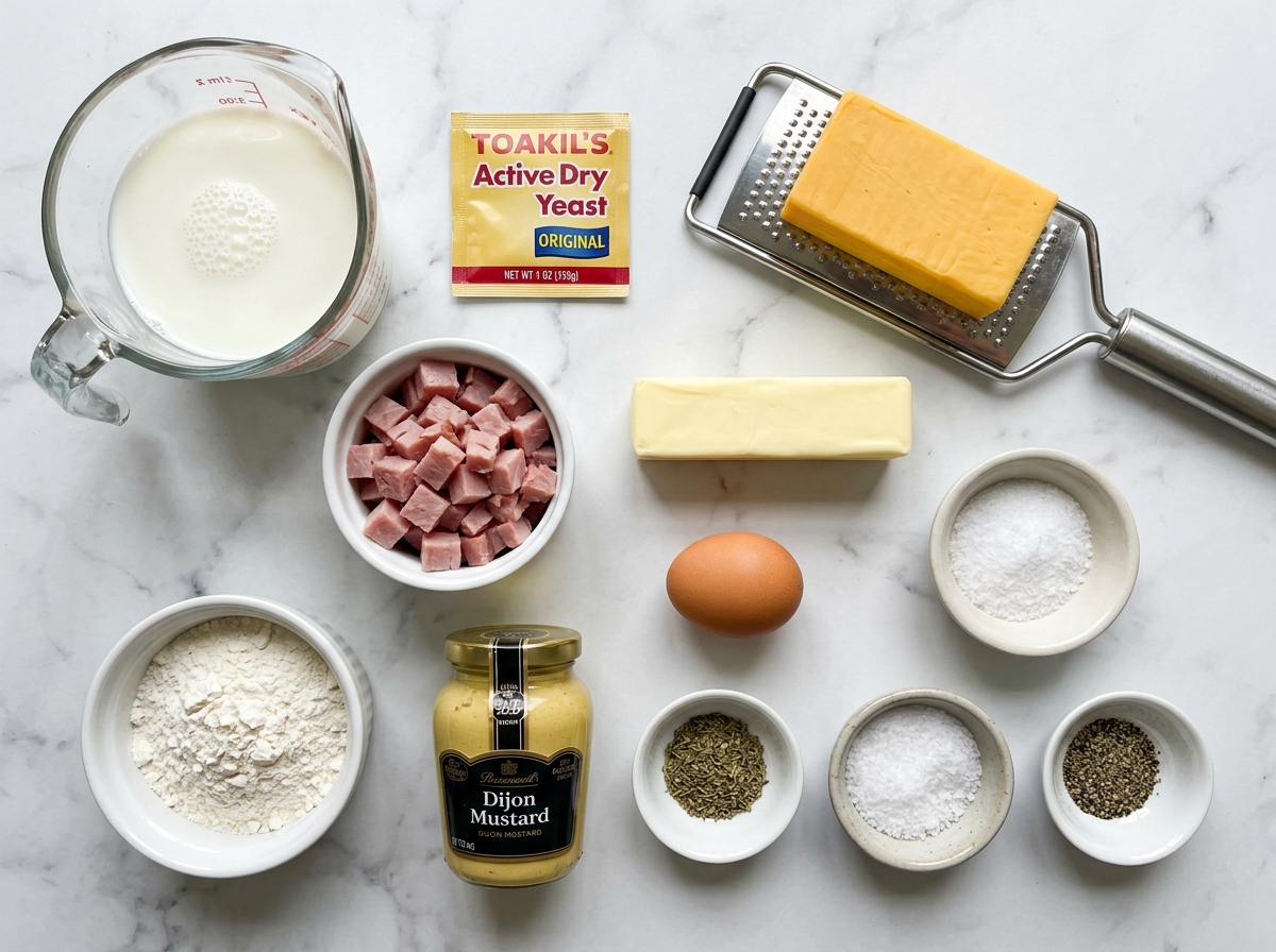 Raw ingredients for ham and cheese bread rolls on a marble counter