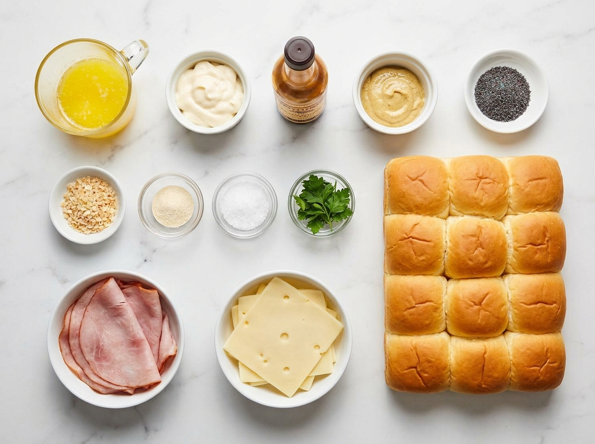 Ingredients for ham and cheese Hawaiian roll sliders on a wooden surface