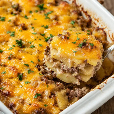 Hamburger potato casserole with melted cheddar and parsley in a baking dish