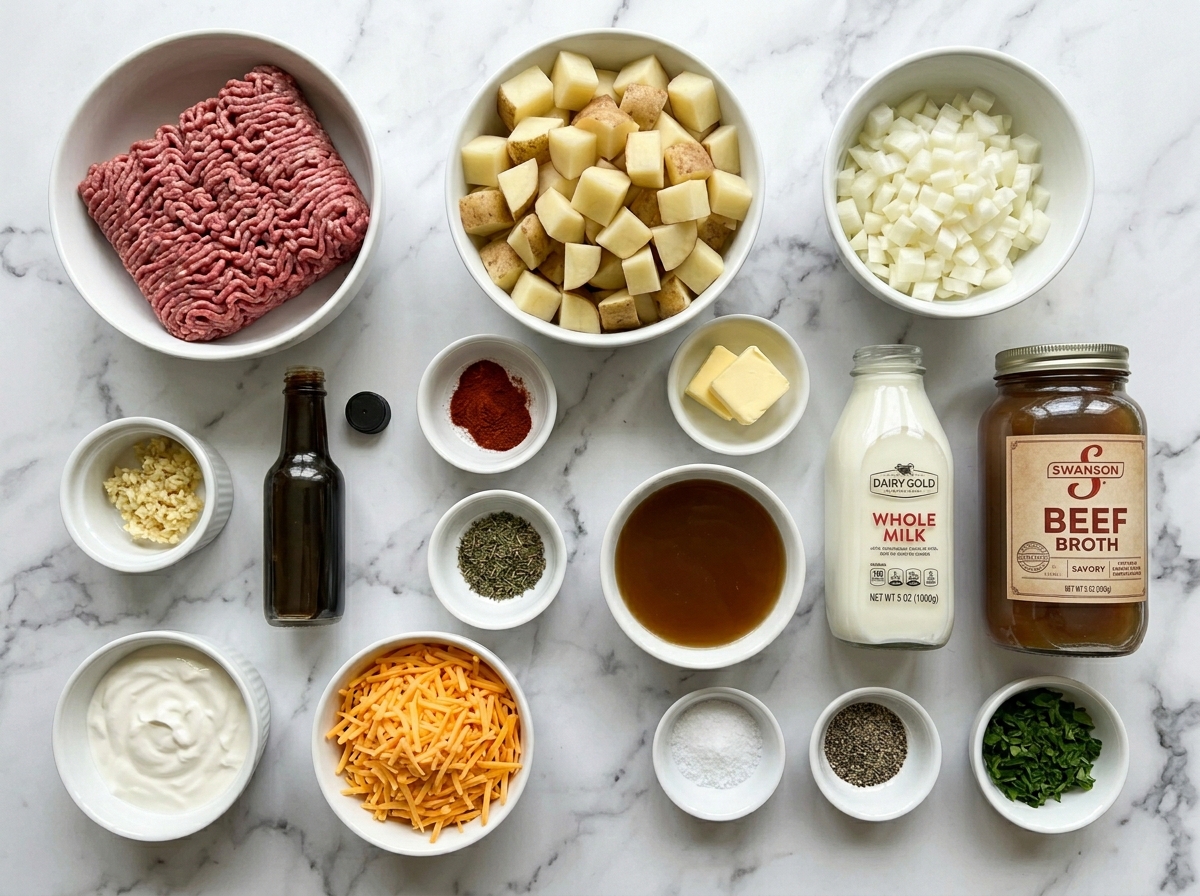 Ingredients for hamburger potato casserole with beef, potatoes, cheddar, and sauce items