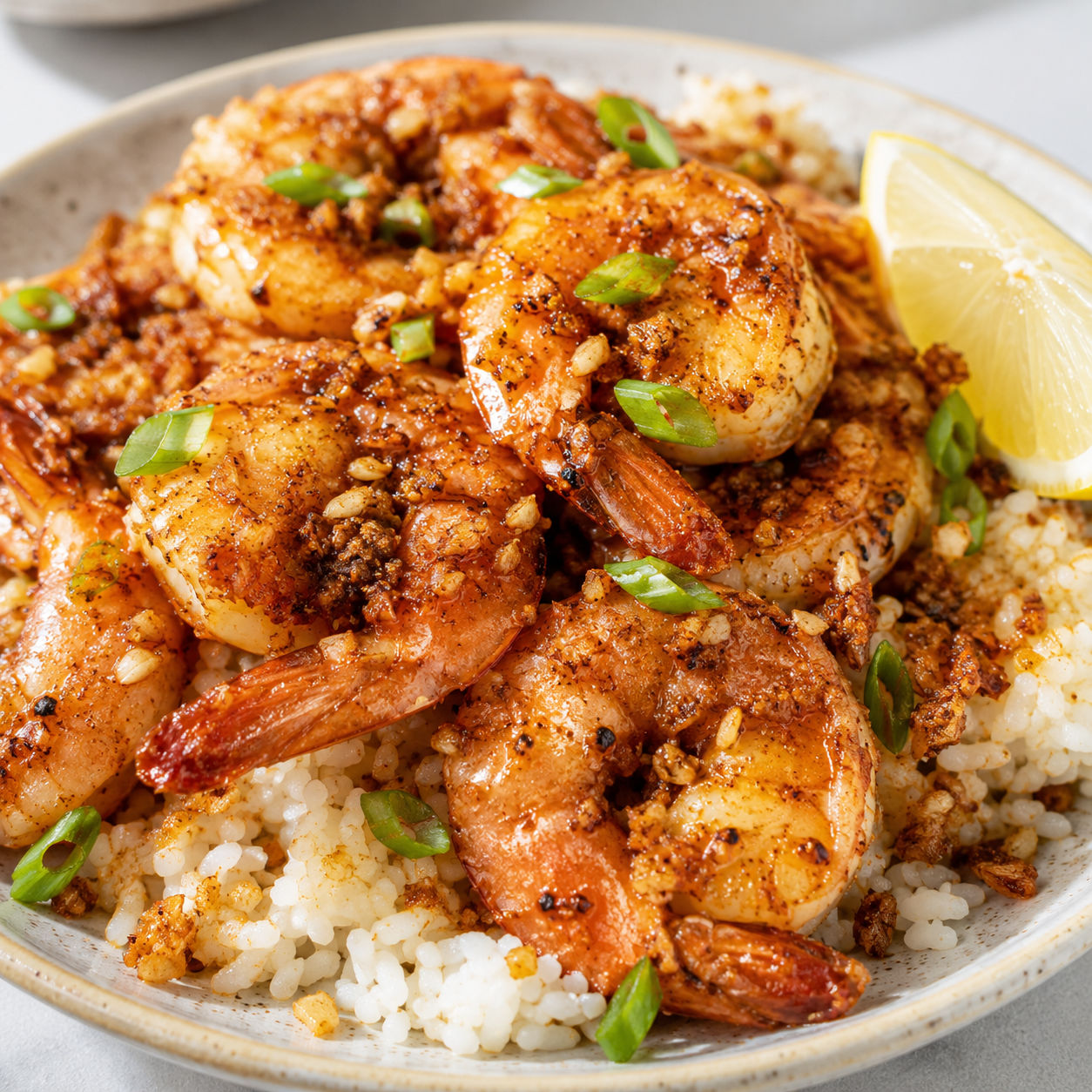 Hawaiian garlic butter shrimp over white rice with lemon