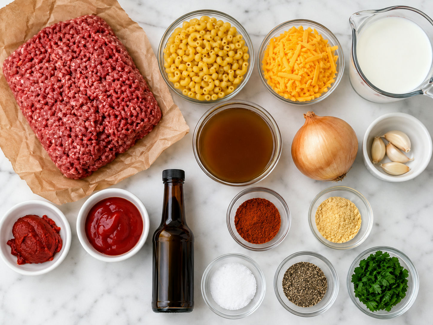 Ingredients for cheesy hamburger macaroni skillet on a wooden surface