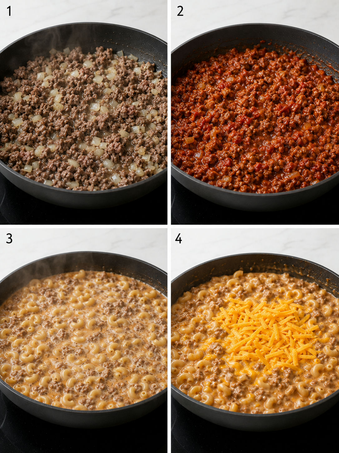 Four cooking steps for homemade hamburger helper in a skillet