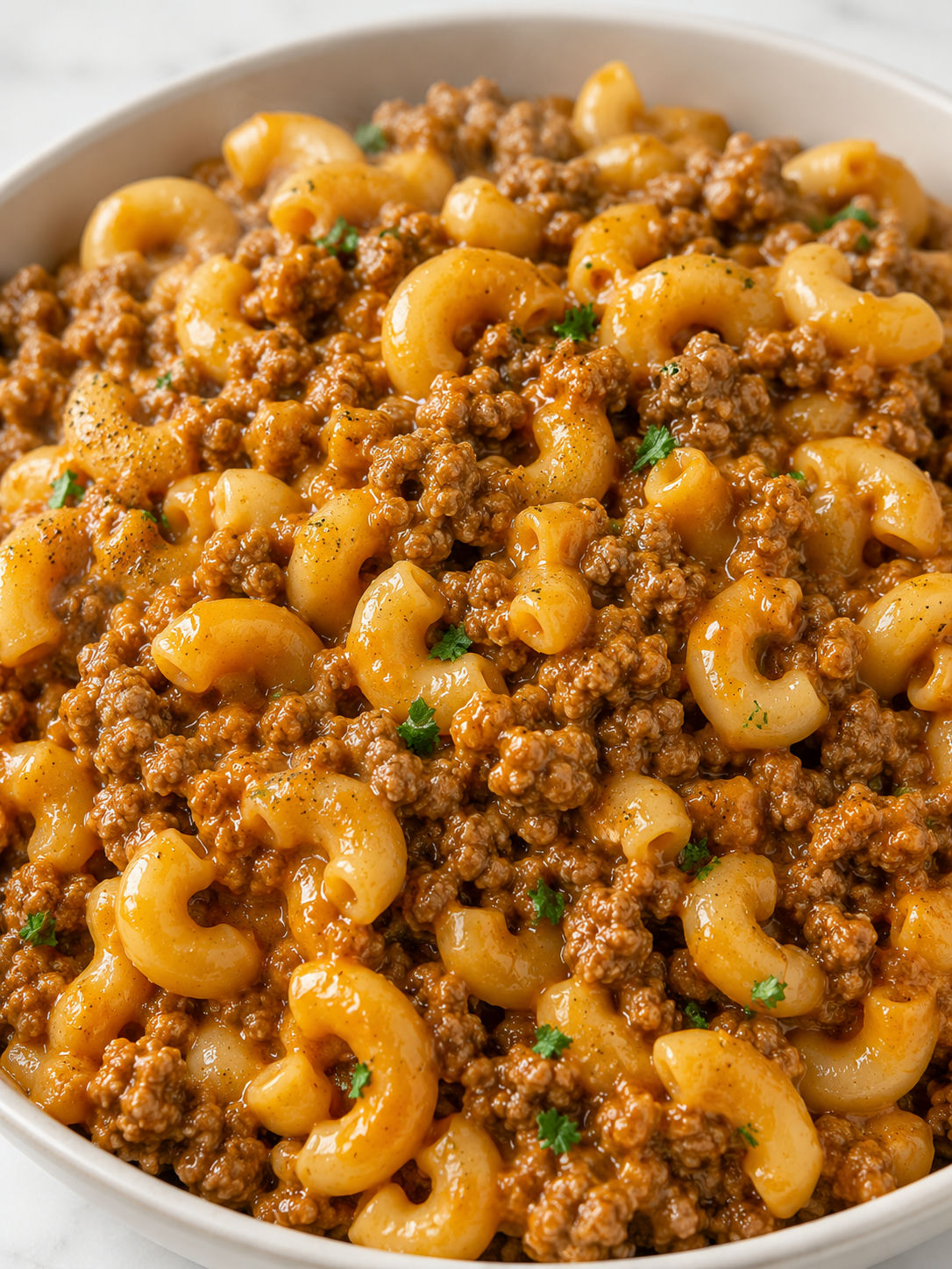Creamy cheesy hamburger helper with elbow macaroni and parsley