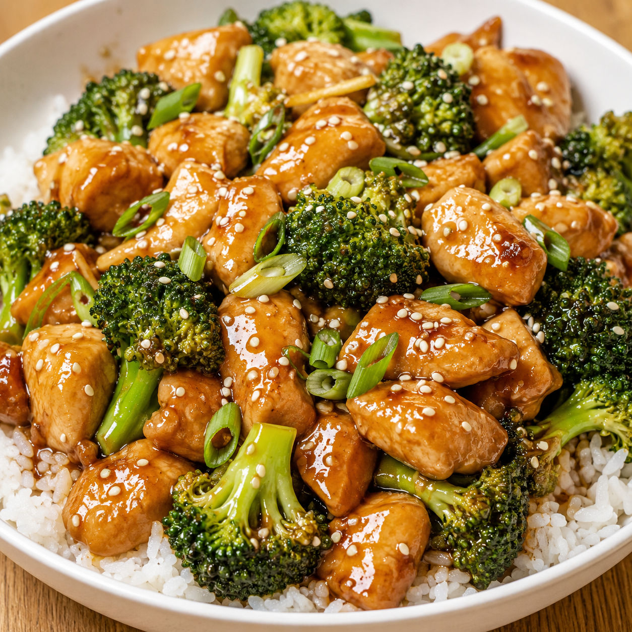 Honey sesame chicken with broccoli, green onions, and sesame seeds over rice