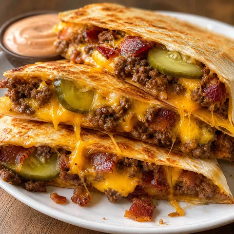 Maple bacon cheeseburger quesadilla wedges with melted cheddar and pickles