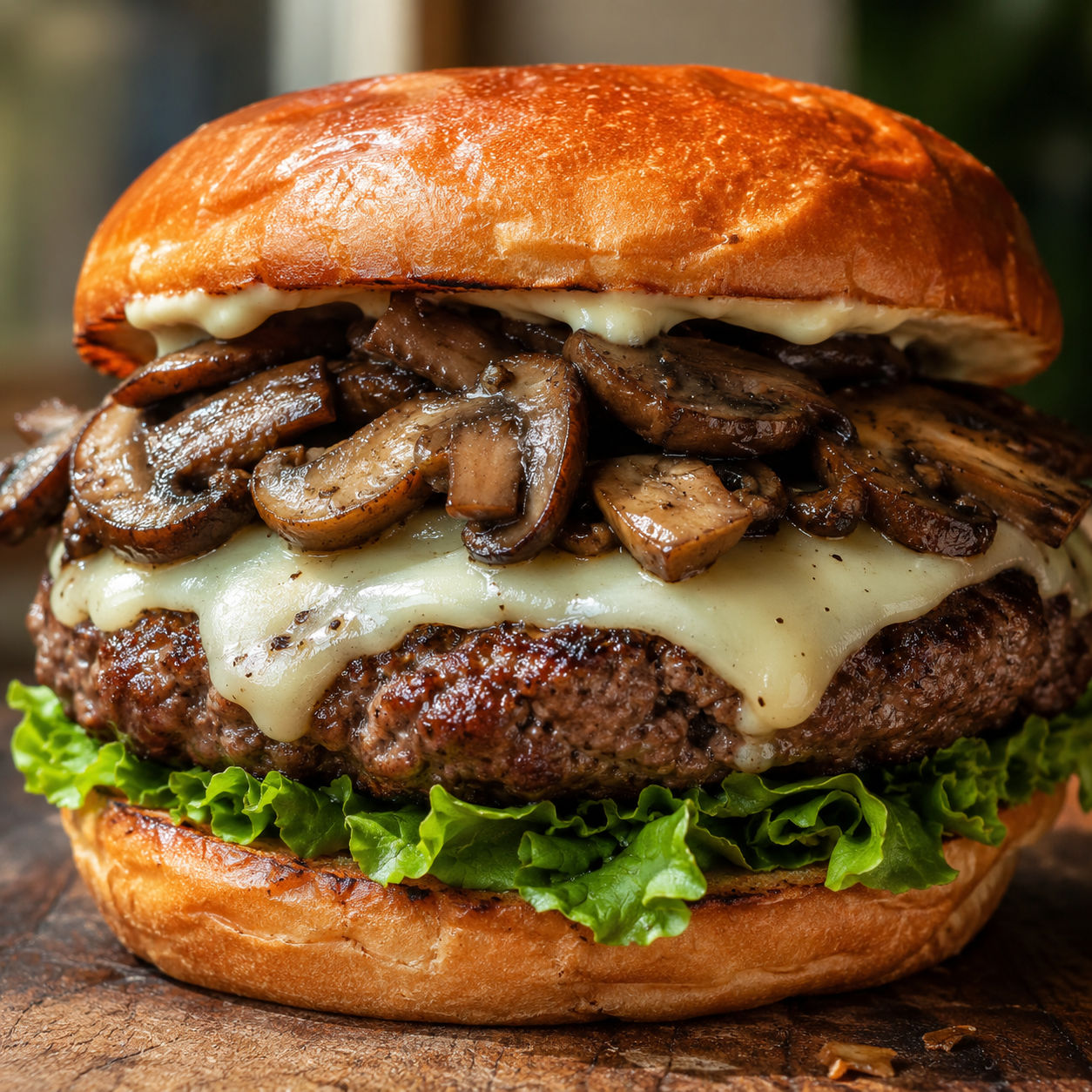 Savory Mushroom Swiss Burger with melted cheese and browned mushrooms