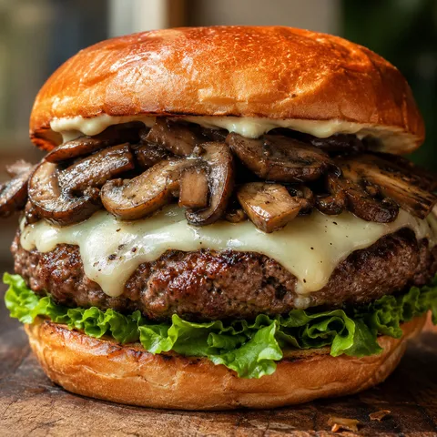 Savory Mushroom Swiss Burger with melted cheese and browned mushrooms