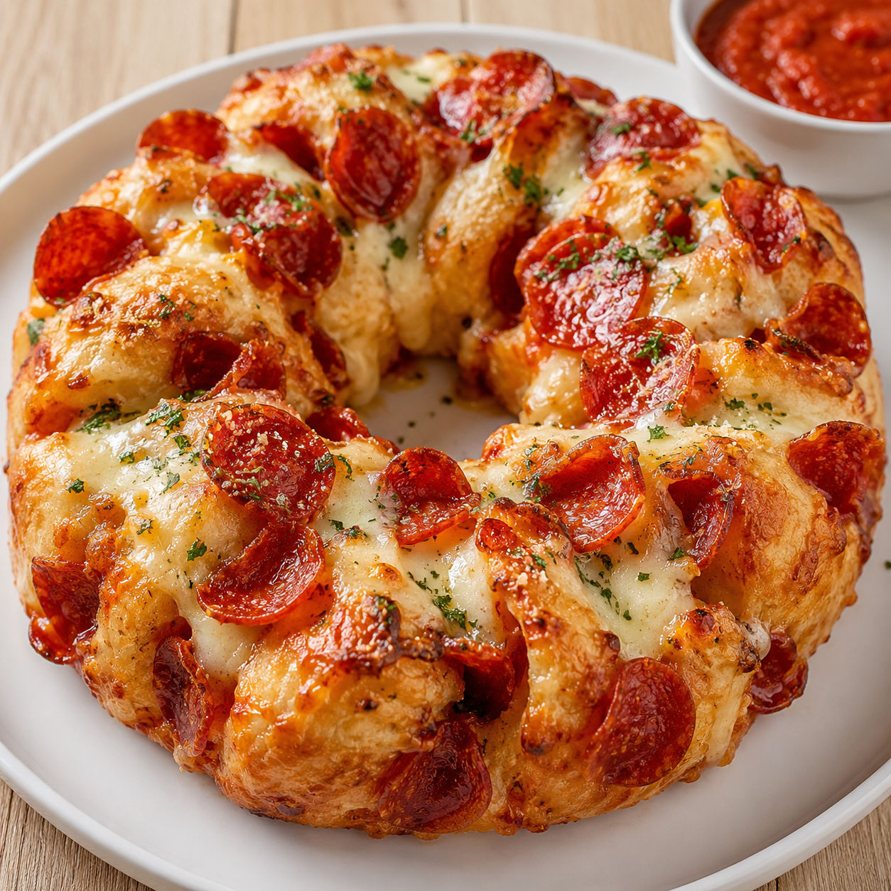 Pepperoni pizza monkey bread with mozzarella and parsley on a platter