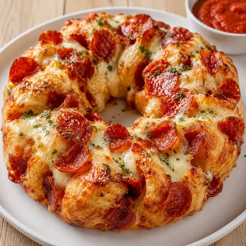 Pepperoni pizza monkey bread with mozzarella and parsley on a platter