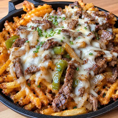 Philly steak cheese fries with peppers, onions, and melted cheese