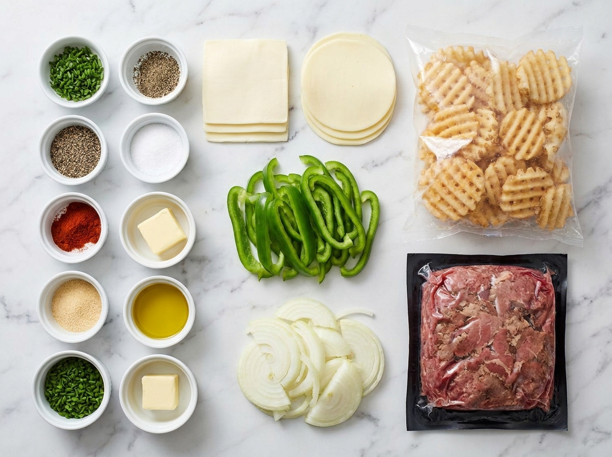 Ingredients for Philly steak cheese fries with peppers and onions