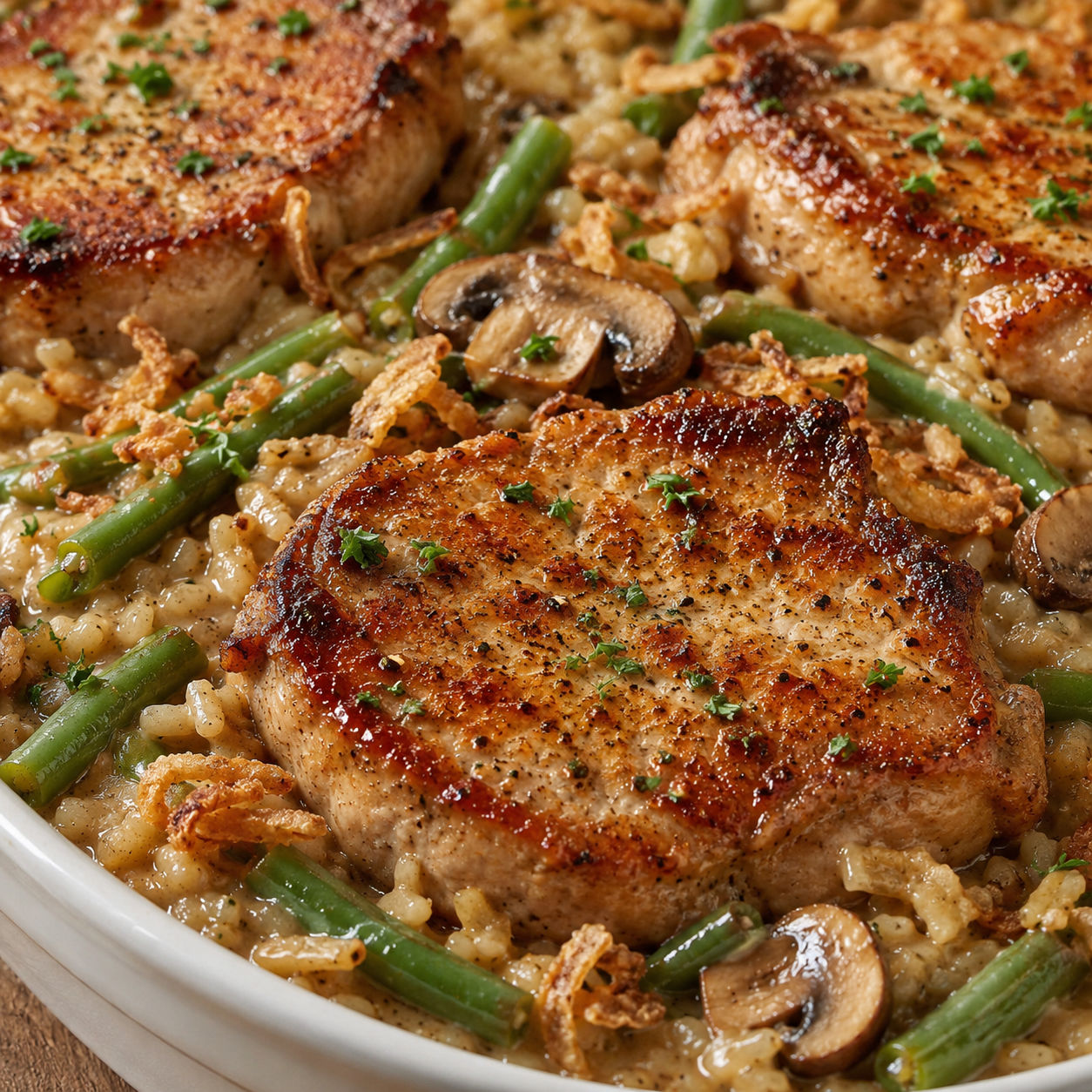 Savory pork chops over creamy rice with green beans and fried onions