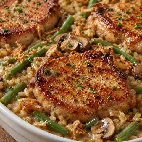 Savory pork chops over creamy rice with green beans and fried onions