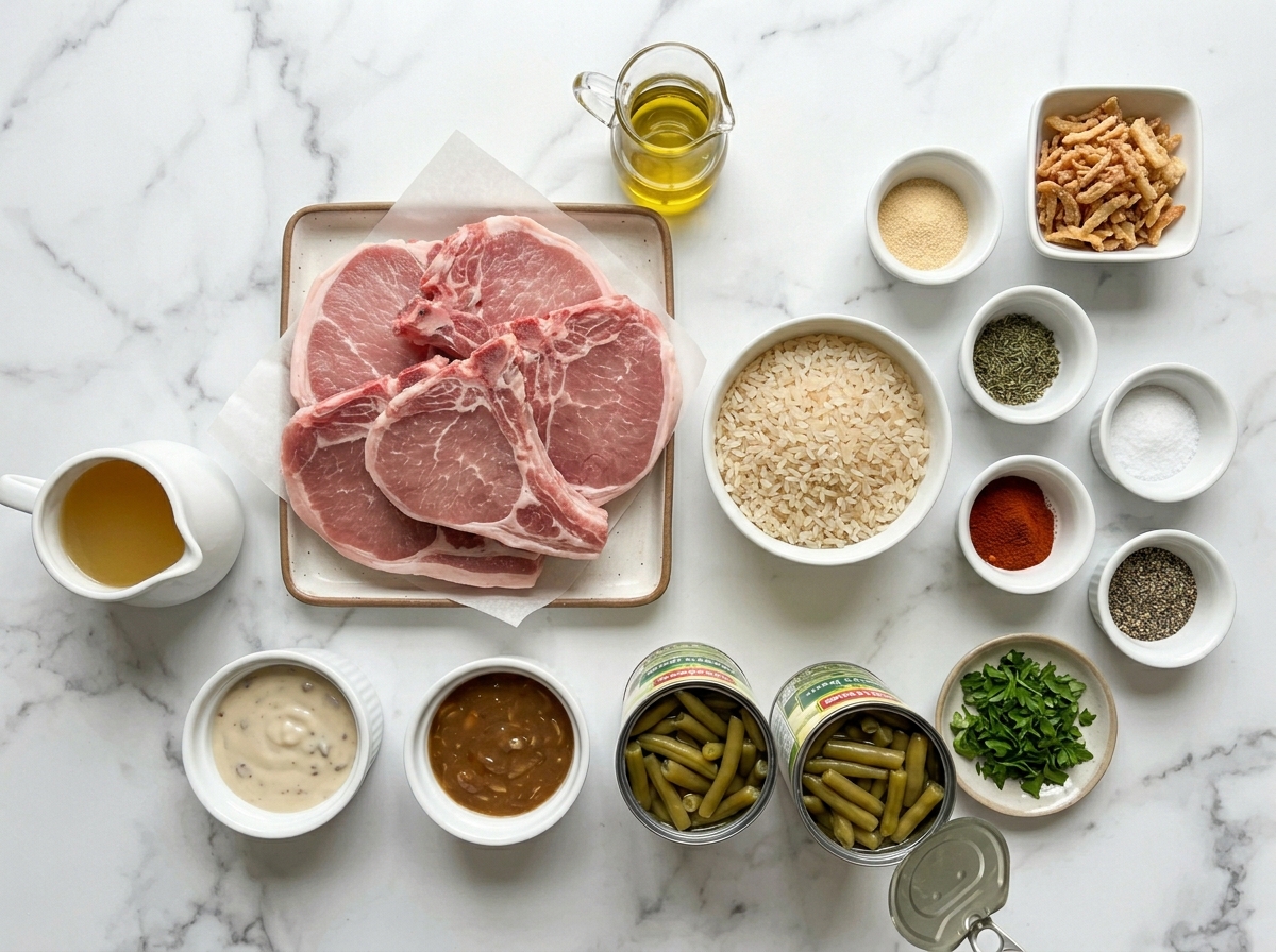 Raw pork chops, green beans, rice, soups, onions, and seasonings